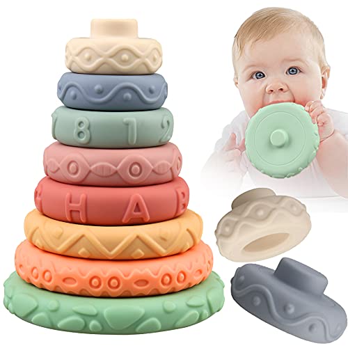 miawow 8 Pcs Stacking Rings Soft Toys for Babies Newborn 0 3 4 5 6 12 18 Months 1 Year Old Girls Boys - Toddler Sensory Educational Montessori Baby Blocks - Infant Development Teething Learning Tower