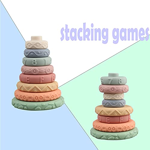 miawow 8 Pcs Stacking Rings Soft Toys for Babies Newborn 0 3 4 5 6 12 18 Months 1 Year Old Girls Boys - Toddler Sensory Educational Montessori Baby Blocks - Infant Development Teething Learning Tower