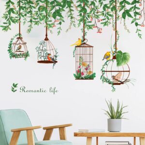flower vine tree branch wall decals with birdcage, colorful birds green plants wall stickers, flowers flying bird diy art murals for bedroom living room kids rooms nursery wall décor