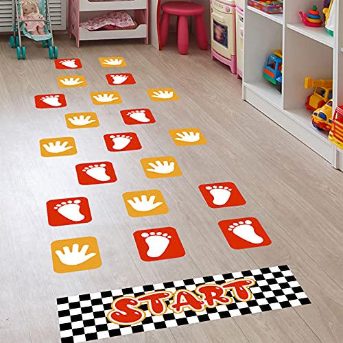 Footprint and Palm Lattice Floor Sticker Wall Decals, Colorful Feet Puzzle Hopscotch Game Start Wall Stickers, Removable DIY Art Ground Corridor Wallpaper Décor for Kids Bedroom, Nursery, Classroom