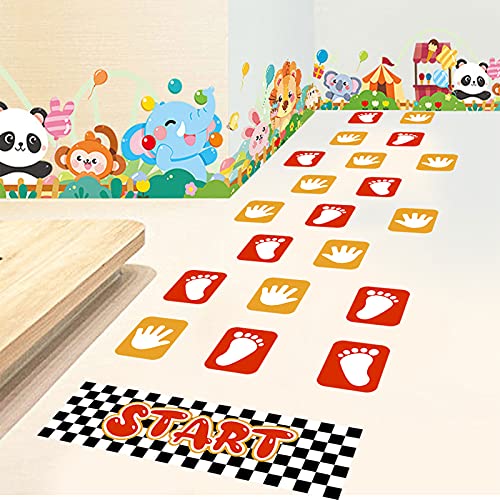 Footprint and Palm Lattice Floor Sticker Wall Decals, Colorful Feet Puzzle Hopscotch Game Start Wall Stickers, Removable DIY Art Ground Corridor Wallpaper Décor for Kids Bedroom, Nursery, Classroom