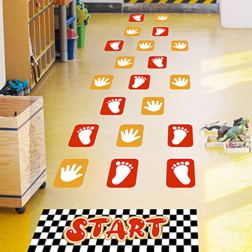Footprint and Palm Lattice Floor Sticker Wall Decals, Colorful Feet Puzzle Hopscotch Game Start Wall Stickers, Removable DIY Art Ground Corridor Wallpaper Décor for Kids Bedroom, Nursery, Classroom