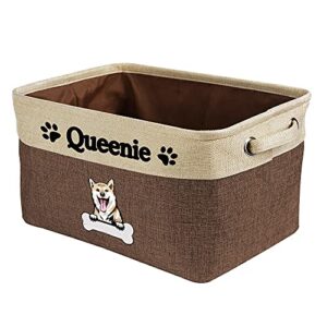 malihong personalized foldable storage basket with cute dog shiba inu collapsible sturdy fabric bone pet toys storage bin cube with handles for organizing shelf home closet, brown and white