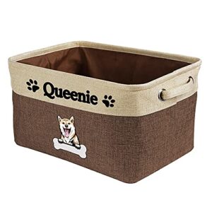 MALIHONG Personalized Foldable Storage Basket with Cute Dog Shiba Inu Collapsible Sturdy Fabric Bone Pet Toys Storage Bin Cube with Handles for Organizing Shelf Home Closet, Brown and White