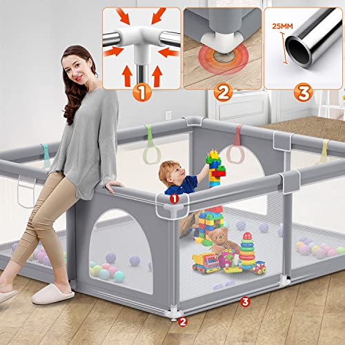 Bubblbay Baby Playpen,Extra Large Baby Play Yard for Toddler,Sturdy Active Center Area with Anti-Slip Suckers & Soft Breathable Mesh,Safety Baby Fence