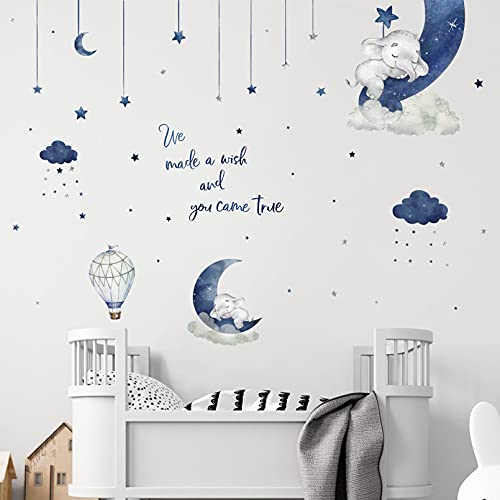 Yovkky Watercolor Blue Grey Sleeping Elephant Wall Decals, We Made a Wish Moon Star Cloud Stickers Hot Air Balloon Nursery Decor, Home Baby Shower Decoration Kids Boy Toddler Bedroom Playroom Art Gift