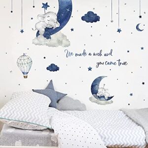 Yovkky Watercolor Blue Grey Sleeping Elephant Wall Decals, We Made a Wish Moon Star Cloud Stickers Hot Air Balloon Nursery Decor, Home Baby Shower Decoration Kids Boy Toddler Bedroom Playroom Art Gift
