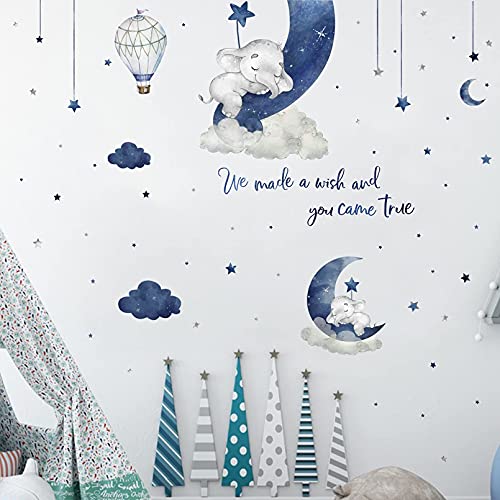 Yovkky Watercolor Blue Grey Sleeping Elephant Wall Decals, We Made a Wish Moon Star Cloud Stickers Hot Air Balloon Nursery Decor, Home Baby Shower Decoration Kids Boy Toddler Bedroom Playroom Art Gift