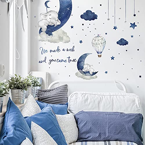 Yovkky Watercolor Blue Grey Sleeping Elephant Wall Decals, We Made a Wish Moon Star Cloud Stickers Hot Air Balloon Nursery Decor, Home Baby Shower Decoration Kids Boy Toddler Bedroom Playroom Art Gift