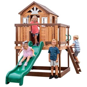 backyard discovery echo heights elevated cedar playhouse, play kitchen, powered blender, working bell, 6 ft wave slide, wrap-around deck, flat step ladder, growth chart