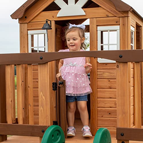 Backyard Discovery Echo Heights Elevated Cedar Playhouse, Play Kitchen, Powered Blender, Working Bell, 6 ft Wave Slide, Wrap-Around Deck, Flat Step Ladder, Growth Chart