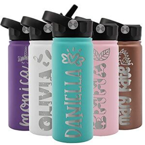 personalized kids water bottle w name & 36 icon free engraving! custom toddler water bottle for children | 18 oz - 9 color | bpa free - double wall insulated