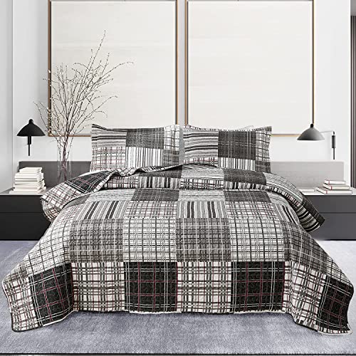 Queen Size Quilt Set Bedding Plaid Patchwork Bedspread Set Soft Lightweight Quilt Bedspread Bedding Black White Grey Plaid Stripe Modern Quilts Patchwork Coverlet Mens Home Quilt for Queen Bed