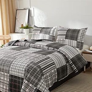 Queen Size Quilt Set Bedding Plaid Patchwork Bedspread Set Soft Lightweight Quilt Bedspread Bedding Black White Grey Plaid Stripe Modern Quilts Patchwork Coverlet Mens Home Quilt for Queen Bed