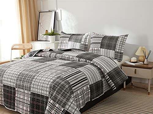 Queen Size Quilt Set Bedding Plaid Patchwork Bedspread Set Soft Lightweight Quilt Bedspread Bedding Black White Grey Plaid Stripe Modern Quilts Patchwork Coverlet Mens Home Quilt for Queen Bed