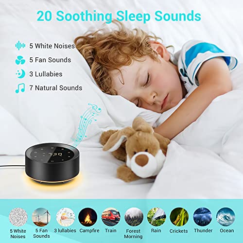 YTE White Noise Machine with Alarm Clock, 20 Hi-Fi Soothing Sounds, 7 Color Baby Night Lights, Full Touch Control, Timer and Memory Function, Plug in, Sleep Sound Machine for Baby, Adults, Office