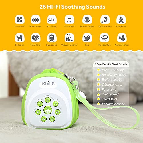 KIOZZIK Portable Sound Machine with Lullabies, White Noise Machine for Sleeping Baby, Kids, Adults, 26 Soothing Nature Sounds, USB Rechargeable, Timer & Memory Features, for Travel, On-The-Go