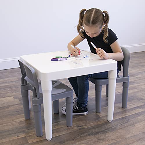 Humble Crew Kids Dry Erase Plastic Table and 2 Set, White Table & Grey Chairs, 20 x 20 x 17inches, 12 x 11 x 18 inches