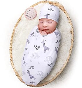 elstey newborn swaddle receiving blanket hat set for 0-3-6 months babies, soft nursery wrap for infant boy girl, stretchy swaddling sleep sack, baby photography props, perfect shower gift (giraffe)