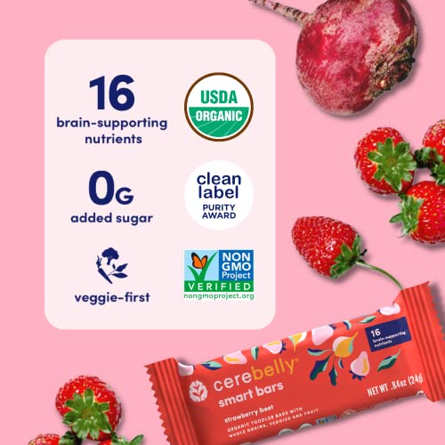 Cerebelly Toddler Snack Bars – Strawberry Beet (Pack of 30), Healthy & Organic Whole Grain Bars with Veggies & Fruit, 15 Brain-supporting Nutrients from Superfoods, Nut & Gluten Free, No Added Sugar