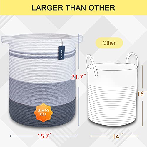 COMSE Extra Large Laundry Basket, Tall Blanket Basket, Laundry Hamper with Handles, 15.7”x 21.7”, Cotton Rope Basket, Woven Laundry Basket, Toy Basket, Clothes Baskets,Woven Basket,Gradient Gray