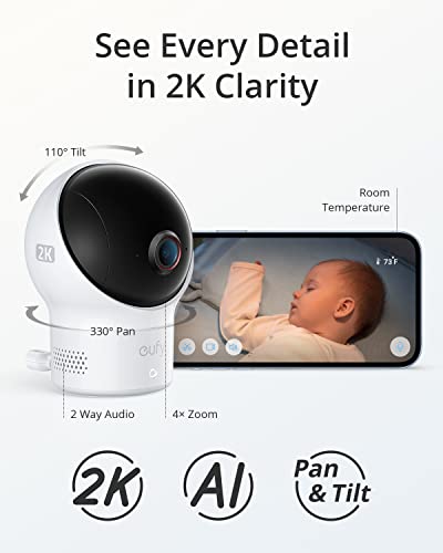 eufy Security Baby Monitor 2 with Wi-Fi, Security Camera, 2K Resolution with Pan & Tilt, AI Cry Detection Night Vision, Sound and Room Temperature Detection, Baby Camera Monitor, Requires 2.4GHz Wi-Fi