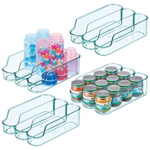 mdesign plastic kitchen storage divided bin for child/kids supplies - 3 compartments to organize baby food jars, pouches, bottles, sippy cups, cans, pacifiers, shampoo - 4 pack - blue tint