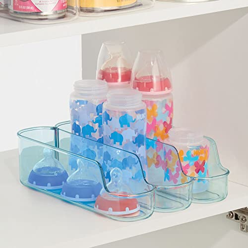 mDesign Plastic Kitchen Storage Divided Bin for Child/Kids Supplies - 3 Compartments to Organize Baby Food Jars, Pouches, Bottles, Sippy Cups, Cans, Pacifiers, Shampoo - 4 Pack - Blue Tint