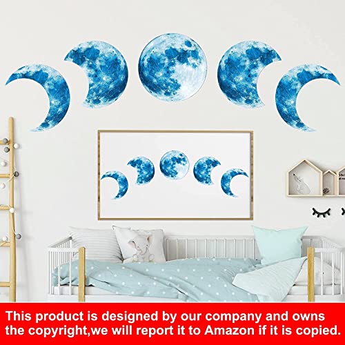 Large Glow in The Dark Moon Wall Decals Luminous Space Planet Moon Phases Wall Sticker Glow in The Dark Stickers for Ceiling Removable Vinyl Boho Wall Decor for Kids Boys Girls Bedroom Nursery… (Moon Phases-Blue)