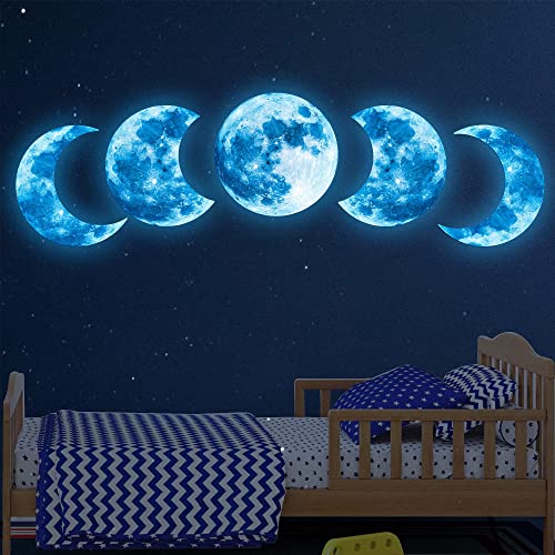 Large Glow in The Dark Moon Wall Decals Luminous Space Planet Moon Phases Wall Sticker Glow in The Dark Stickers for Ceiling Removable Vinyl Boho Wall Decor for Kids Boys Girls Bedroom Nursery… (Moon Phases-Blue)
