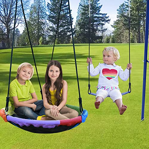 Swing Set for Backyard, 440lbs, Heavy-Duty A-Frame Metal Outdoor Stand, 1 Saucer Swing Seat & 1 Swings Seat