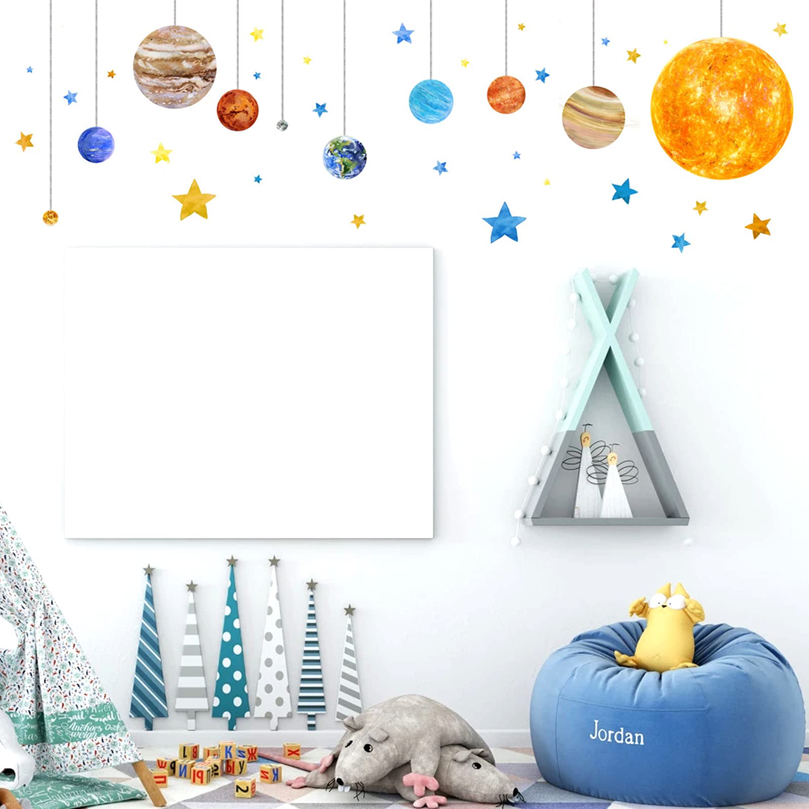 Planets and Space Wall Decals, Removable Solar System Wall Stickers, Cartoon Stars Wall Décor, Peel and Stick Universe DIY Art Murals Vinyl Wallpaper for Kids Boys Bedroom Nursery Decoration