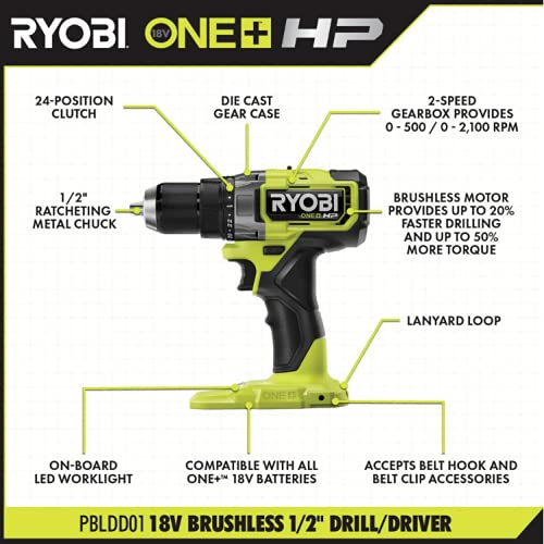 RYOBI - ONE+ HP 18V Brushless Cordless 1/2 in. Drill/Driver - PBLDD01B