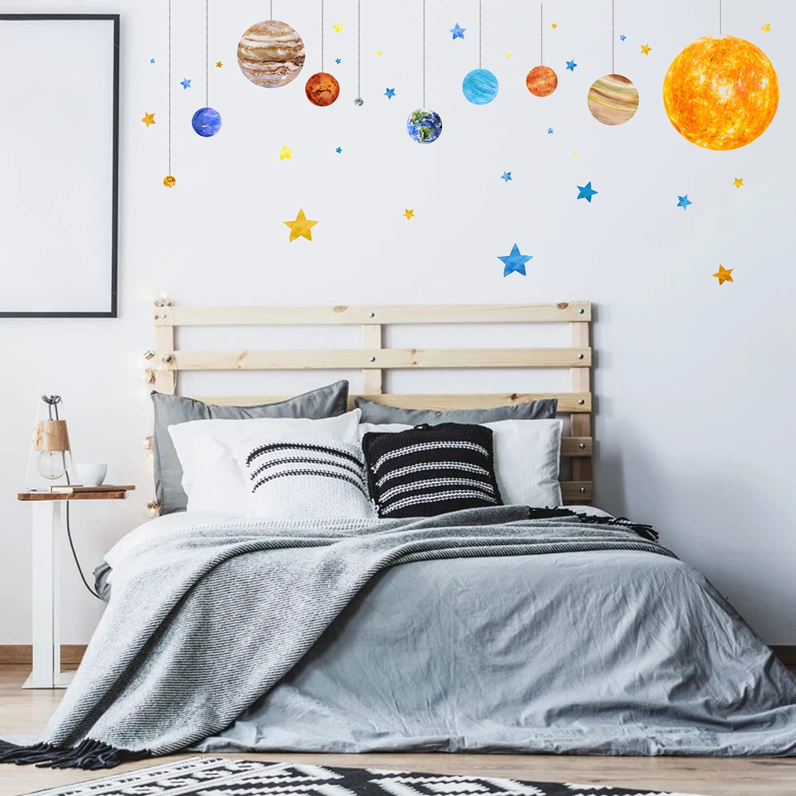 Planets and Space Wall Decals, Removable Solar System Wall Stickers, Cartoon Stars Wall Décor, Peel and Stick Universe DIY Art Murals Vinyl Wallpaper for Kids Boys Bedroom Nursery Decoration