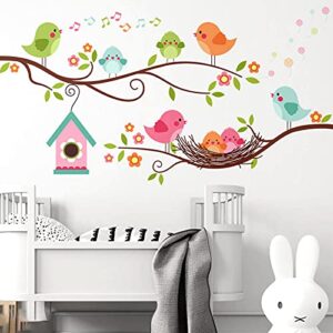 colorful robin bird wall sticker, cartoon singing bird on tree branch wall decal, birdhouse with flowers wall art décor, removable diy green leaves wallpaper murals for kids room baby nursery