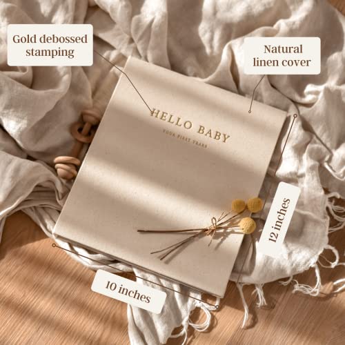 Peachly Unisex Baby Memory Book | Minimalist First Year Keepsake for Milestones | Simple Scrapbook Baby Books for Boy or Girl | 60 Pages Natural Linen - Olive, 9.75 inches x 11.25 inches