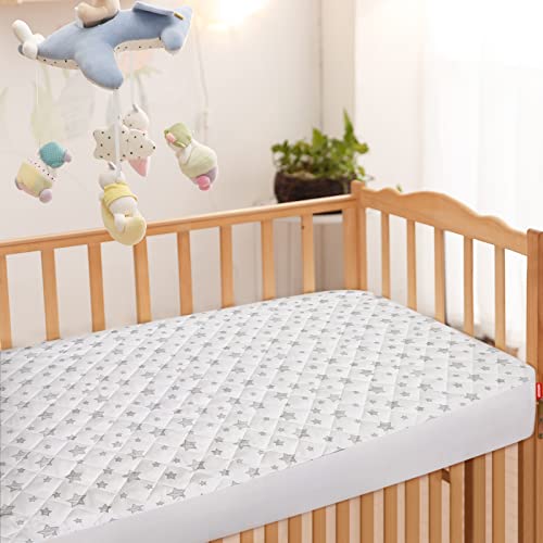 Crib Mattress Pad Protector Waterproof, Quilted Crib Mattress Pad Cover 52'' x 28'' Extra Soft Breathable Toddler Bed Cover Fitted Crib/Toddler Mattress Stretch Up to 8", White Star