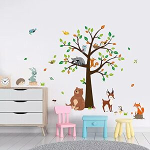 decalmile Woodland Animal Tree Wall Decals Bear Fox Deer Wall Stickers Kids Baby Nursery Bedroom Playroom Wall Decor