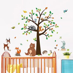 decalmile Woodland Animal Tree Wall Decals Bear Fox Deer Wall Stickers Kids Baby Nursery Bedroom Playroom Wall Decor