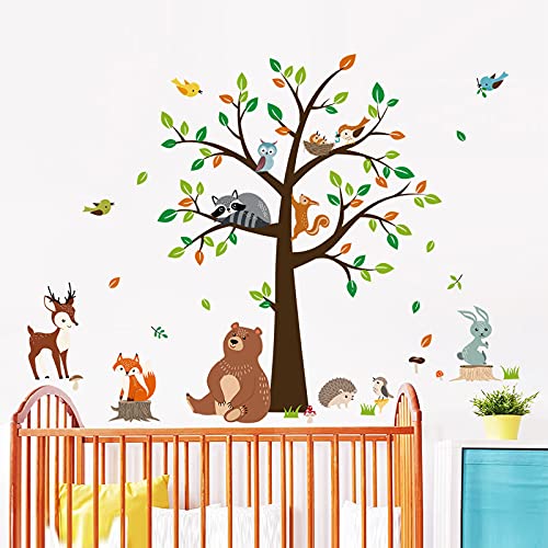 decalmile Woodland Animal Tree Wall Decals Bear Fox Deer Wall Stickers Kids Baby Nursery Bedroom Playroom Wall Decor