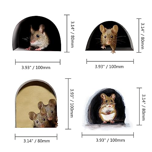 3D Mouse Hole Realistic Wall Sticker,Mouse in a Hole Wall Decal Fun Art,Home Decor,Vinyl,for Living Room Nursery Bedroom Kids Room Wall Decoration (4 Pieces/Set)