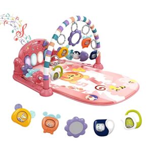 baby play mat baby gym,funny play piano tummy time baby activity gym mat with 5 infant learning sensory baby toys, music and lights boy & girl gifts for newborn baby 0 to 3 6 9 12 months (pink)