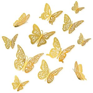 butterfly wall decor sticker, 144 pcs 3 size 6 styles, 3d gold removable butterfly sticker decor for birthday party, wedding balloon garland, christmas, girls kids room