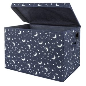 sammy & lou constellation felt toy box; navy, white; collapsible; two handles; hinged lid; 22 in x 14.5 in x 15 in