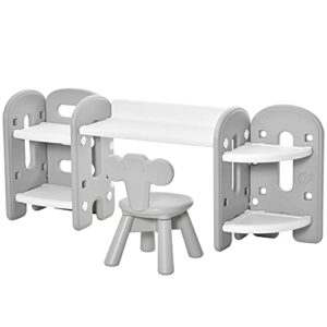 qaba kids table and chair set, activity desk with bookshelf & storage for study, activities, arts, or crafts, grey and white