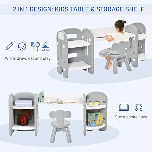 Qaba Kids Table and Chair Set, Activity Desk with Bookshelf & Storage for Study, Activities, Arts, or Crafts, Grey and White