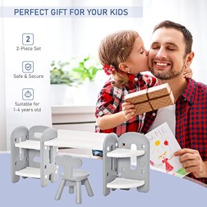 Qaba Kids Table and Chair Set, Activity Desk with Bookshelf & Storage for Study, Activities, Arts, or Crafts, Grey and White