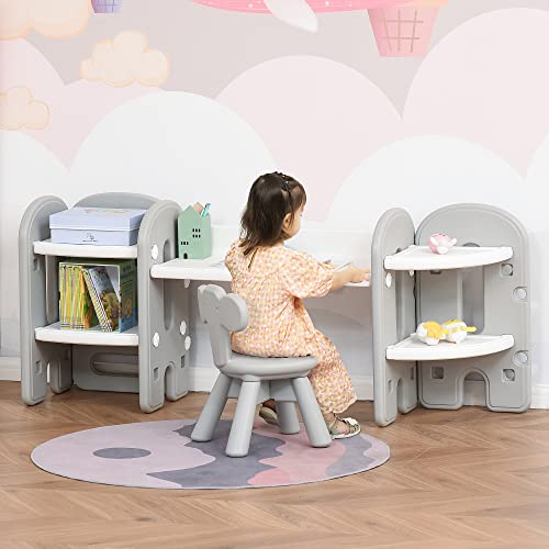 Qaba Kids Table and Chair Set, Activity Desk with Bookshelf & Storage for Study, Activities, Arts, or Crafts, Grey and White