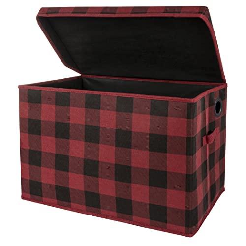 Sammy & Lou Buffalo Check Felt Toy Box; Red, Black; Collapsible; Two Handles; Hinged Lid; 22 in x 14.5 in x 15 in