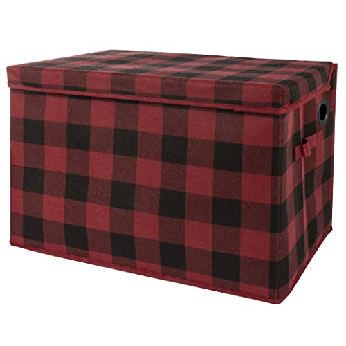 Sammy & Lou Buffalo Check Felt Toy Box; Red, Black; Collapsible; Two Handles; Hinged Lid; 22 in x 14.5 in x 15 in